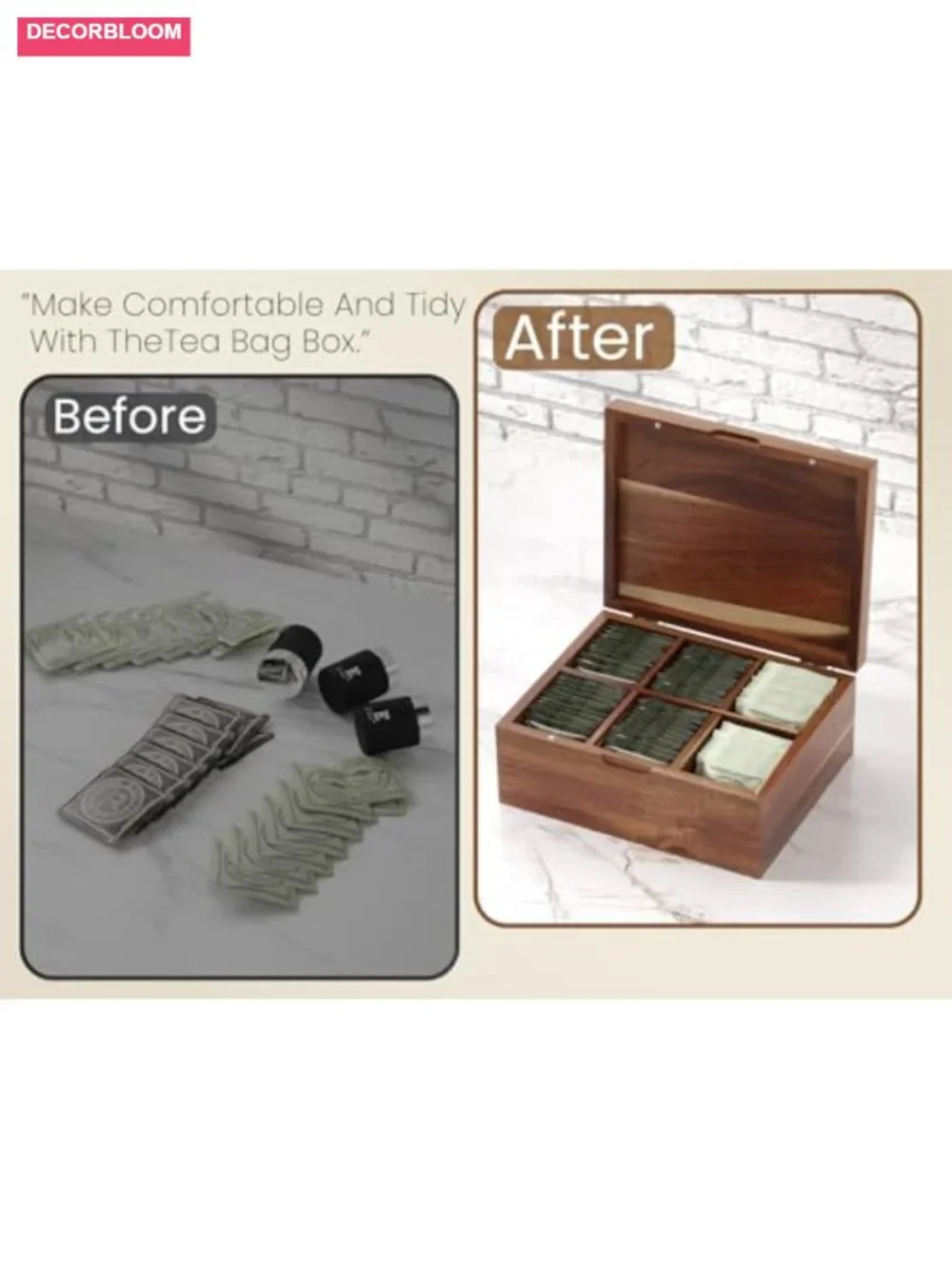 Acacia Wood Tea Bag Organizer with Lid, 6 Compartments, Tea Storage Chest